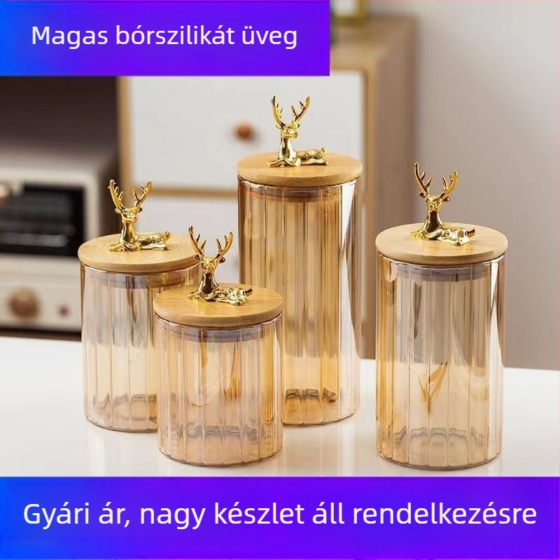 Boroszilát üvegből készült zárható edény szarvas alakú fa fedővel, kávébabokhoz, teához és nassolnivalókhoz, modern minimalist stílus, könnyed luxus.