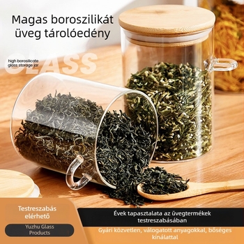 Üvegből készült teás tartó kanállal, zárható teás- és cukortartó, nedvességálló fehér teához és virágteához