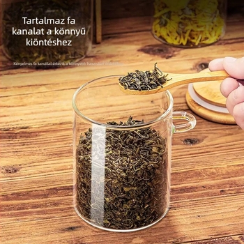 Üvegből készült teás tartó kanállal, zárható teás- és cukortartó, nedvességálló fehér teához és virágteához