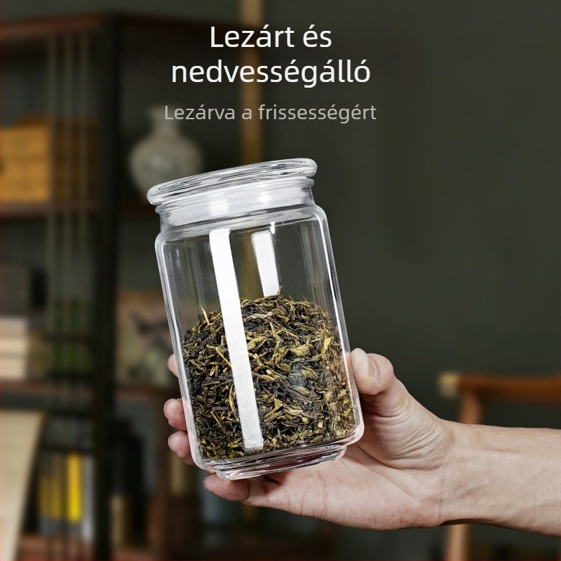 Kis üveg zárható tároló tea- és gabonafélék számára, átlátszó fedeles tartó, élelmiszer-minőségű