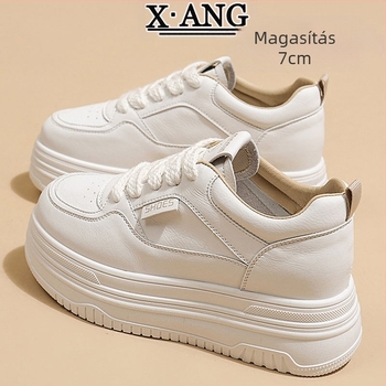 Női fehér bőrsneaker, rejtett magasság növelő sarokkal és platformmal, mindennapi sportcipő