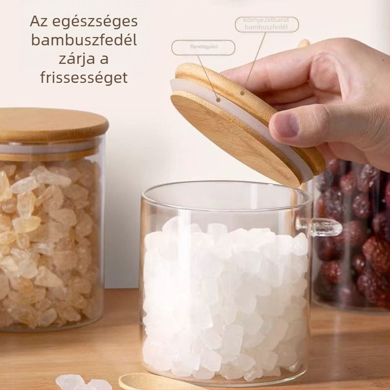 Boroszilikát üvegből készült cukor tároló üveg kanállal, zárható konyhai tároló, átlátszó, 500 ml, 8,5 × 10 cm
