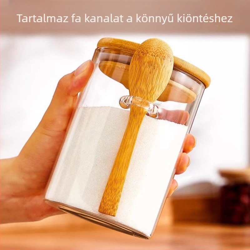 Boroszilikát üvegből készült cukor tároló üveg kanállal, zárható konyhai tároló, átlátszó, 500 ml, 8,5 × 10 cm