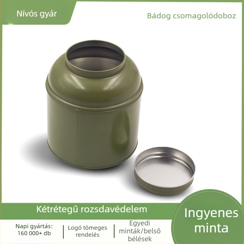 Kör alakú, zárt teásdoboz, fémlemezből készült tealevelekhez, retro egyszínű dizájn