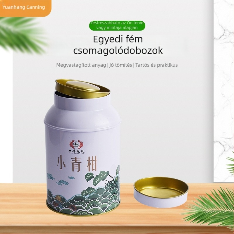 Kerek szájú fémdoboz tealevelek tárolására, zárható edény fekete- és zöld teához, Dragon Well