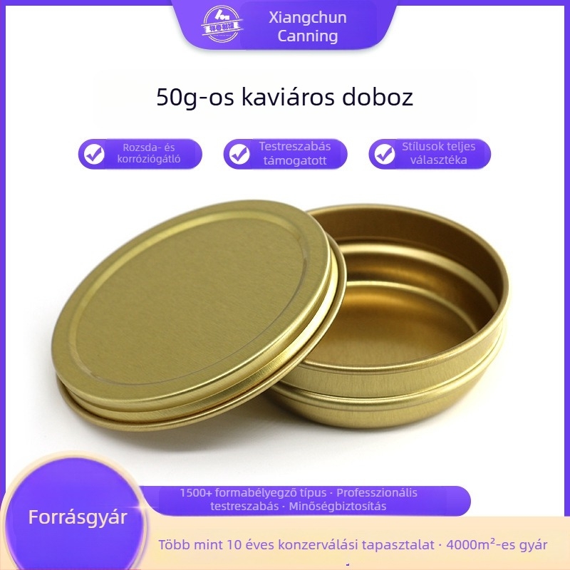 Aranyszínű kör alakú kaviárfém doboz, zárható, rozsdamentes