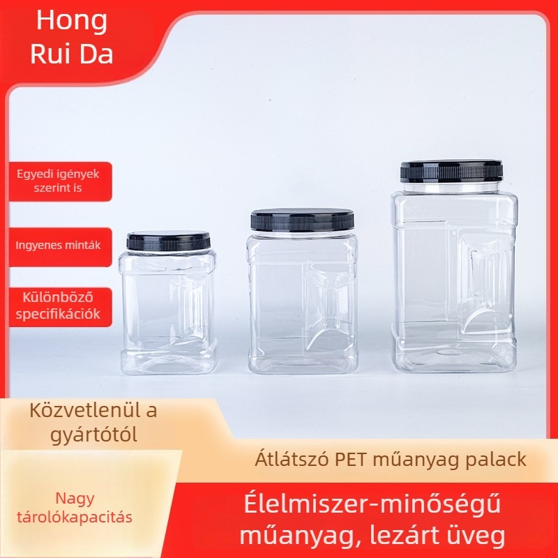 Négyzet alakú, átlátszó PET élelmiszerüveg, széles nyílású, gabonákhoz, diófélékhez és pekándióhoz, fedéllel