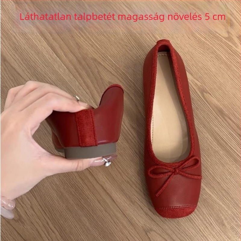 Női juhbőr balerinacipők, francia stílus, belső magasság-növelő, retro masni, slip-on
