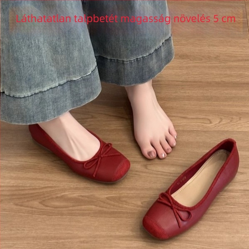 Női juhbőr balerinacipők, francia stílus, belső magasság-növelő, retro masni, slip-on