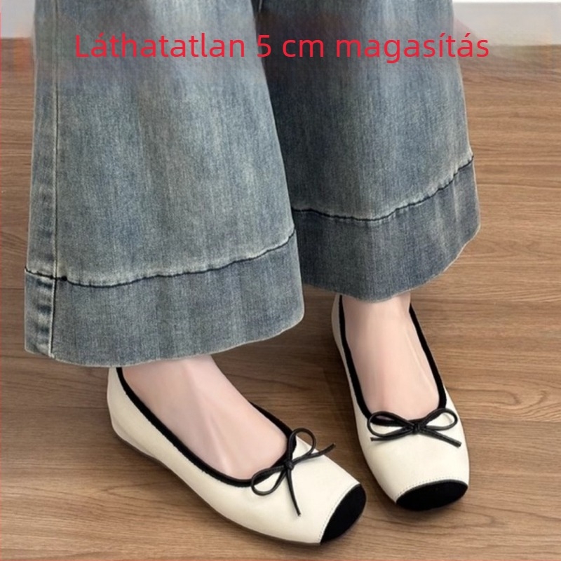 Női juhbőr balerinacipők, francia stílus, belső magasság-növelő, retro masni, slip-on