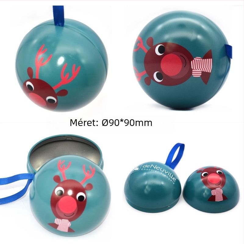 Egyedi karácsonyi cukorka-doboz, gömb alakú fémdoboz cukorkákhoz, 90 mm-es kör alakú karácsonyi doboz