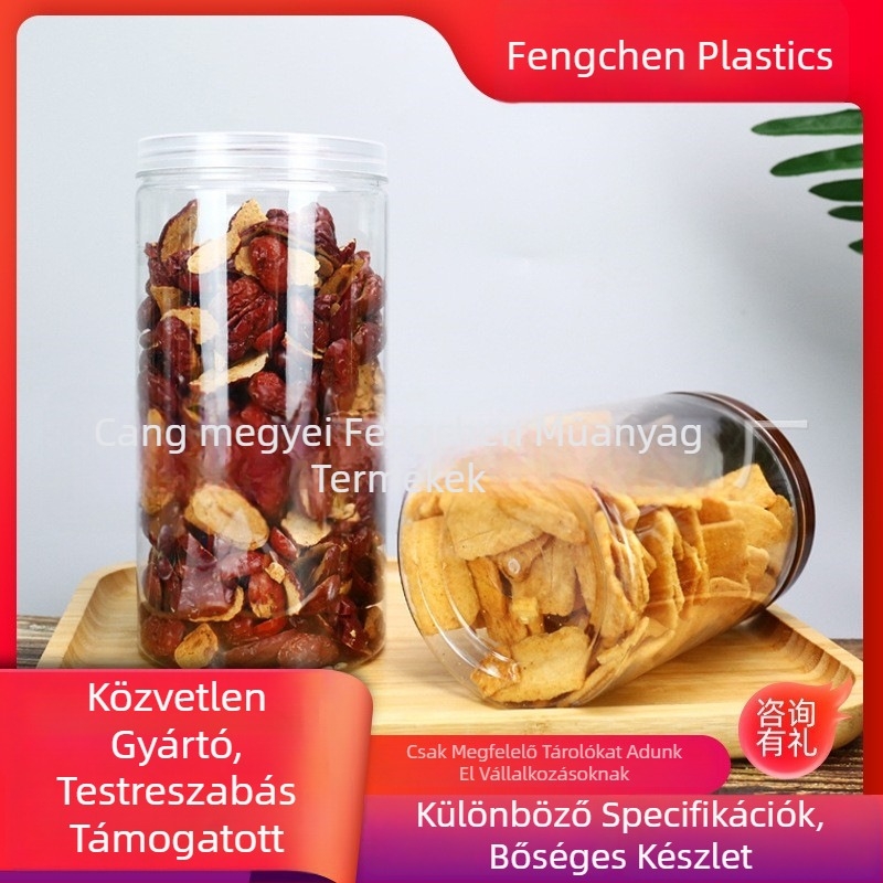 Átlátszó műanyag zárható tárolóedény széles nyílással, ideális diófélékhez, gabonákhoz, nassolnivalókhoz és mézhez; PET műanyag; fedéllel; testreszabható modell