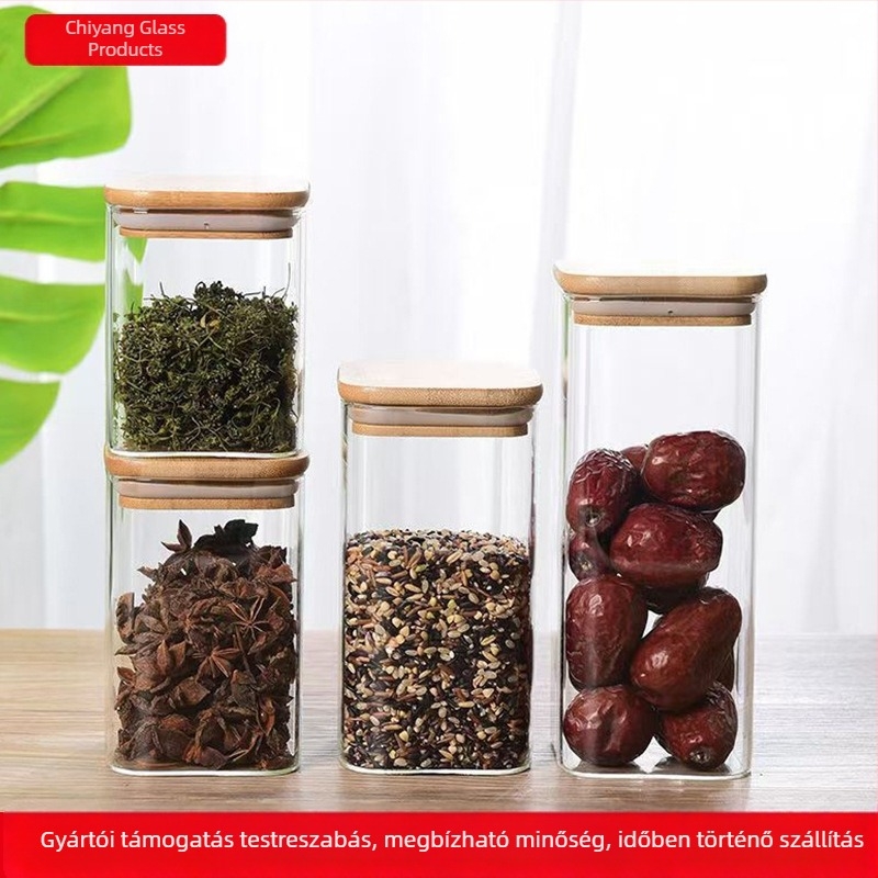 Bambuszfedéllel ellátott boroszilikát üveg teás tégely, négyszögletes, átlátszó, zárható tároló teához, fűszerekhez és diófélékhez