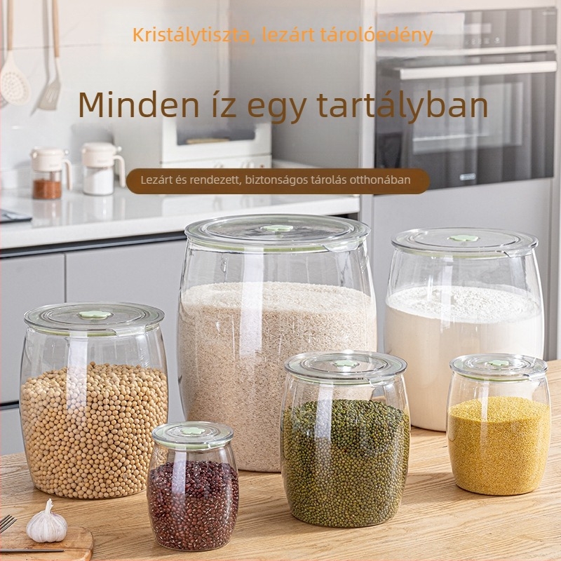 Zárható kör alakú tárolóedény diófélék, gabonák, teák, szárított gyümölcsök, gyógynövények és mandarinhéj számára, 4,1–5 L, PET, nedvességálló