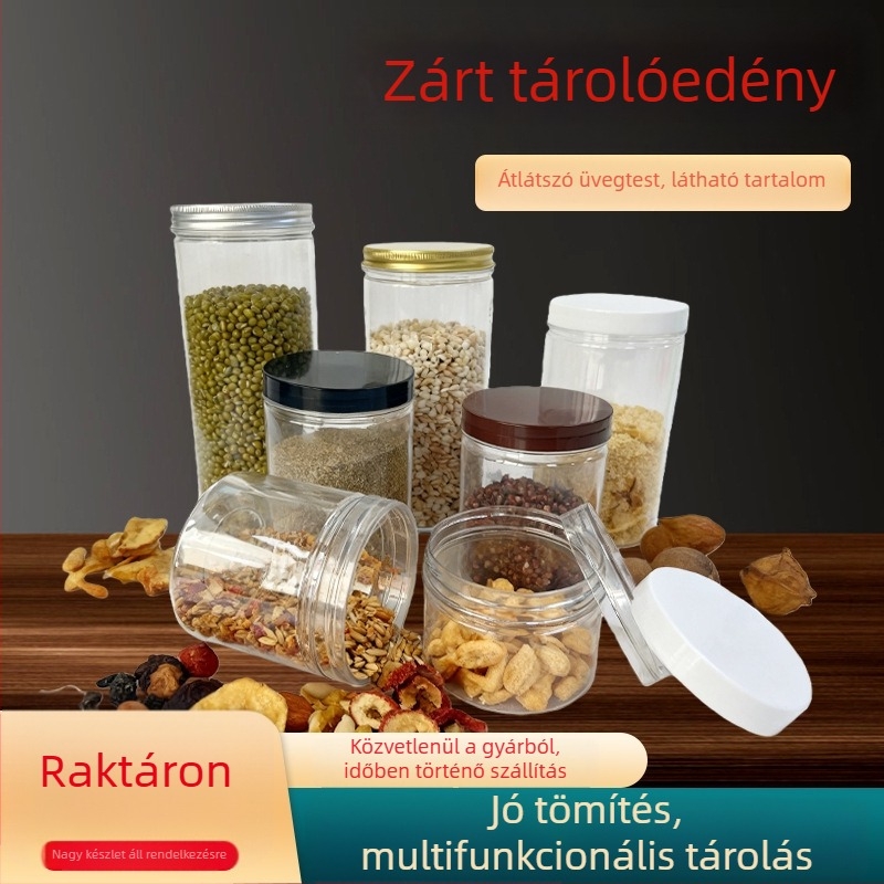Egyedi, áttetsző PET műanyag üveg 85 mm-es nyílással, élelmiszer-minőségű zárófedéllel, dióféléknek, gabonáknak, nassolnivalóknak és méznek