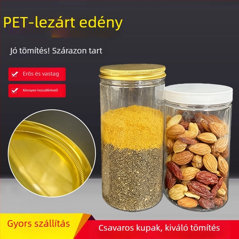 Egyedi, áttetsző PET műanyag üveg 85 mm-es nyílással, élelmiszer-minőségű zárófedéllel, dióféléknek, gabonáknak, nassolnivalóknak és méznek