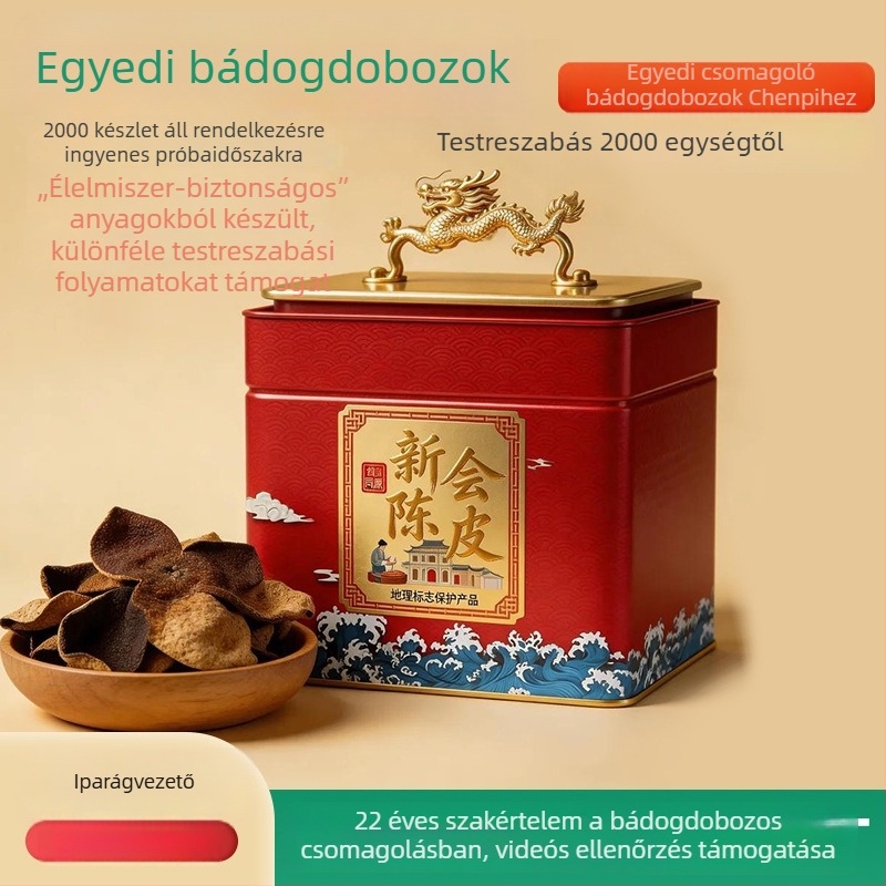 Személyre szabható teásdobo z mandarinhéjjal, négyzet alakú fémdoboz UV-nyomtatással Jin Jun Mei tea számára