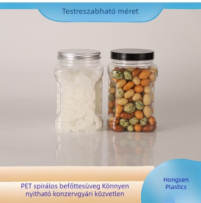 85 mm-es nyílású négyzet alakú PET-tárolóüveg diófélék, gabonák, aszalt gyümölcsök és édességek számára – zárt műanyag csomagolás