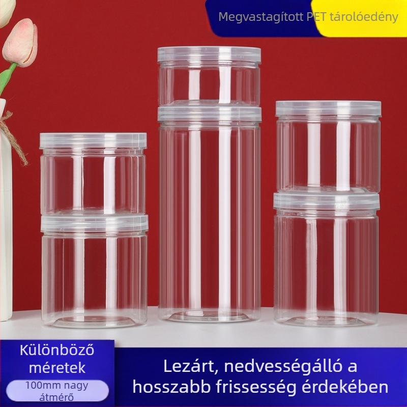 Nagy szájú PET műanyag tároló üveg, átlátszó, zárható fedővel, tea, dió és sütemények tárolására