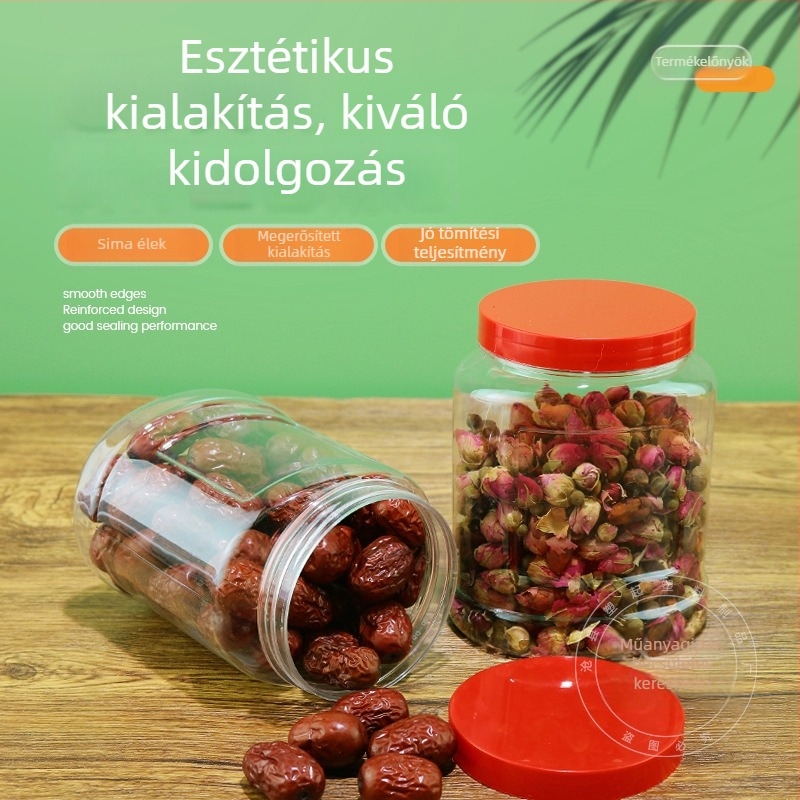 Személyre szabott átlátszó élelmiszertároló üveg – gabonák, száraz élelmiszerek, dió és sütemények számára, nagy kapacitású PET zárható üveg