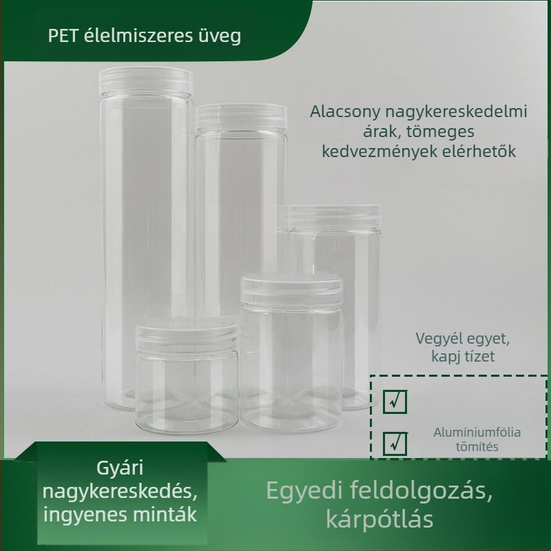 PET átlátszó széles szájú tároló üveg alumínium fedéllel, diófélék, gabonák és snackek tárolására