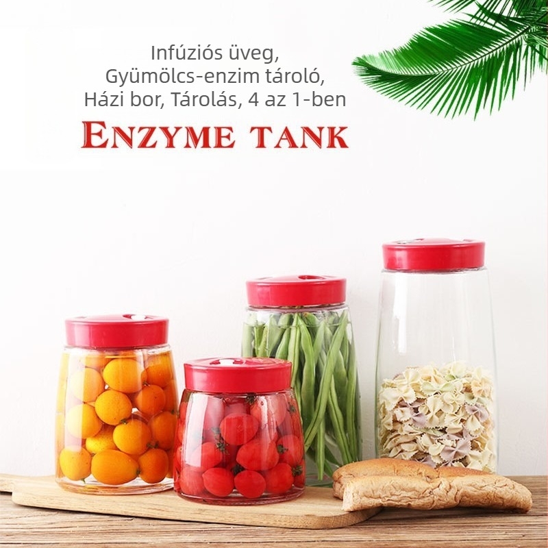 Üveg erjesztő edény zárt fedéllel és automatikus szellőzéssel, enzimes erjesztés, 300 ml