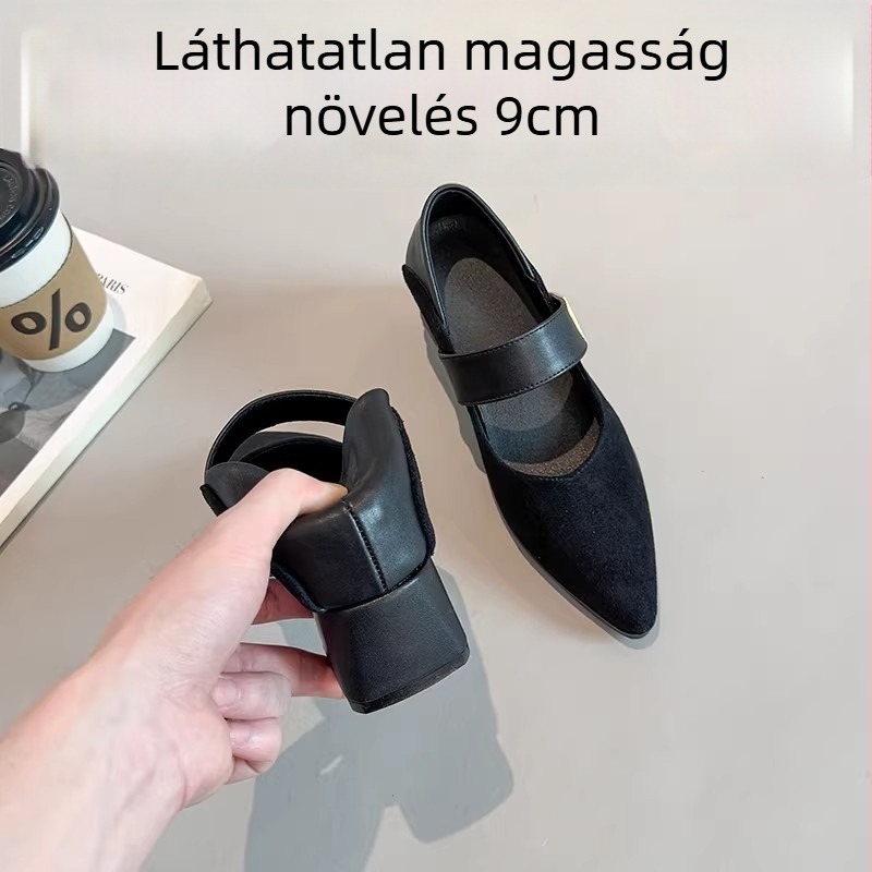 9 cm-es magasságot növelő női Mary Jane cipő, francia stílus, hegyes orr, vastag sarok, egy pánttal