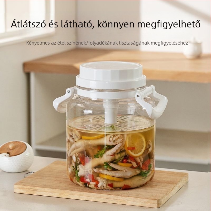 Zárható műanyag savanyúságos üveg, fogantyúval, tárolóedény, kapacitás 5 L vagy nagyobb