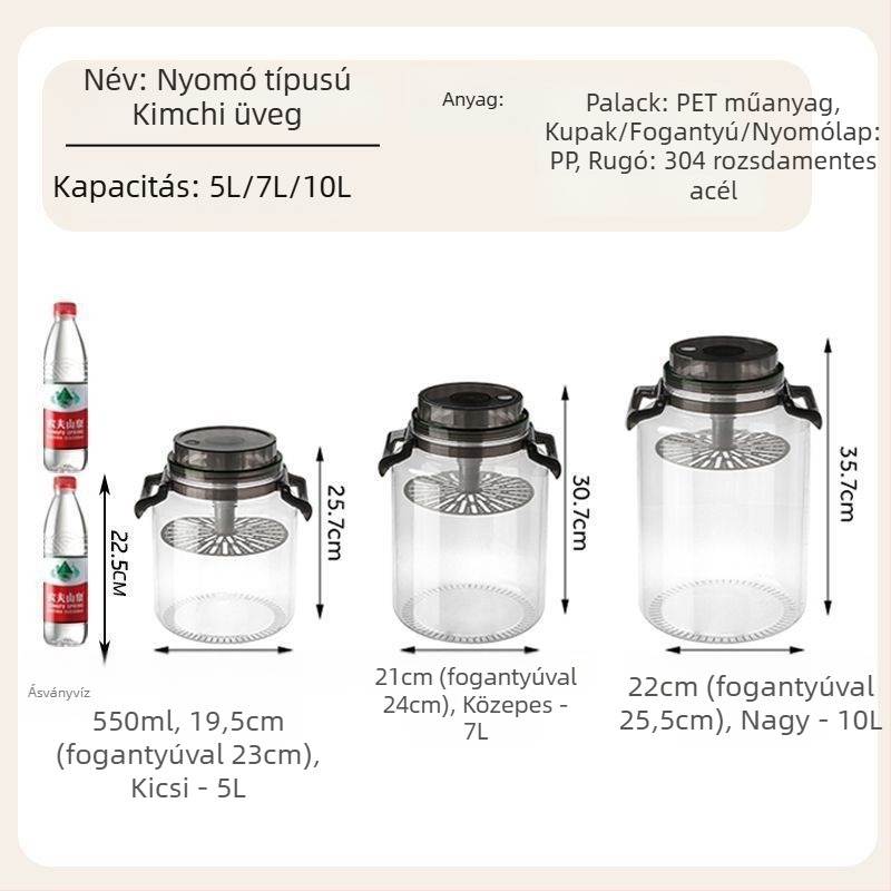 Zárható műanyag savanyúságos üveg, fogantyúval, tárolóedény, kapacitás 5 L vagy nagyobb