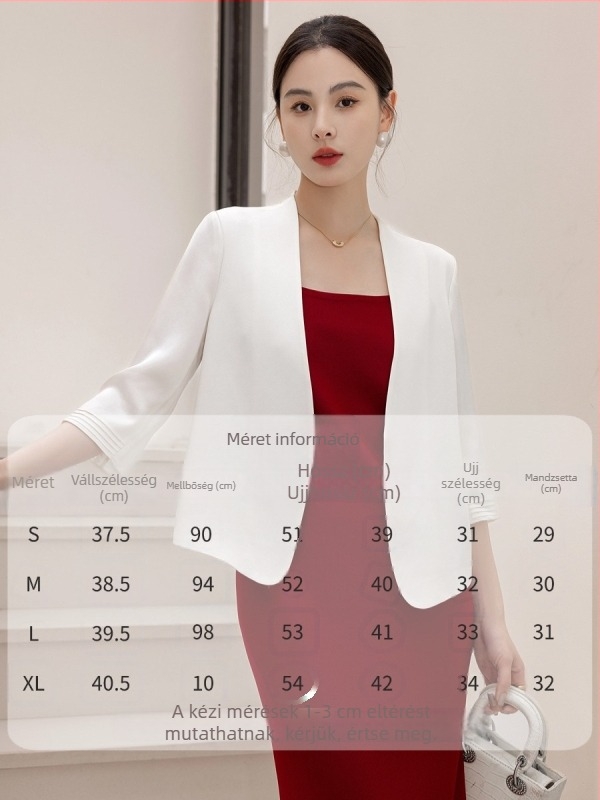 2026 női acetát blazer, egyszínű, gallér nélküli, 3/4-es ujjak, rövid fazon, elegáns mindennapi blézer