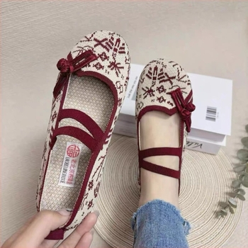 Női hímzett szövetes papucs Old Beijing stílusban, lélegző, csúszásmentes, puha talpú, kézzel szövött