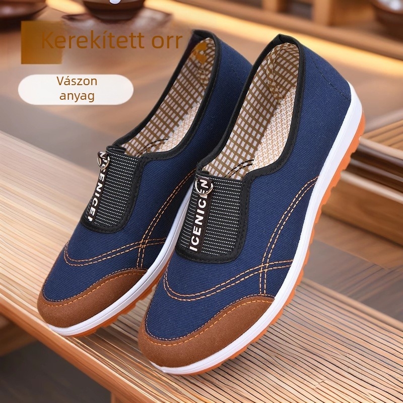 Középkorú és idősebb nőknek tervezett casual cipő, könnyű és kényelmes vászon-bőr patchwork talppal és tehénin ín talppal, slip-on