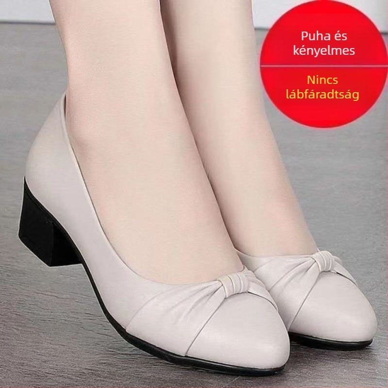 Női slip-on cipő, alacsony kivágással, középmagas sarok, PU bőr, hegyes orrú, kényelmes