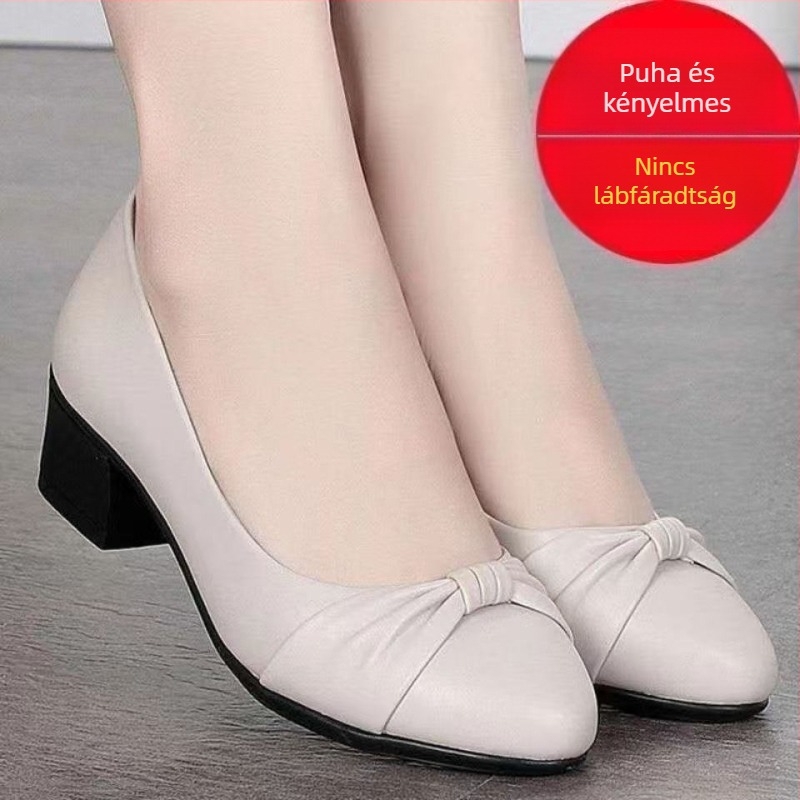 Női slip-on cipő, alacsony kivágással, középmagas sarok, PU bőr, hegyes orrú, kényelmes