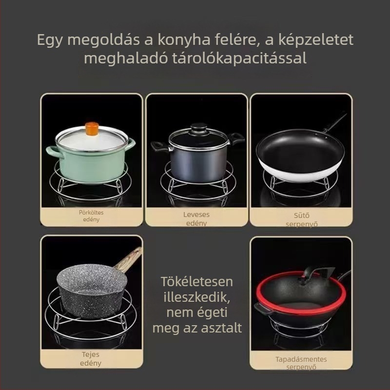 Rozsdamentes acél edények és fazékok konyhai polca, égési sérülések elleni védelem, hőszigetelt gőzölő rács, edények tároló polc
