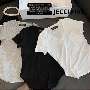 Női rövid ujjú T‑shirt laza szabású V‑nyakkal, lágy drapírozás a kulcscsontnál, koreai stílus, nyár 2026
