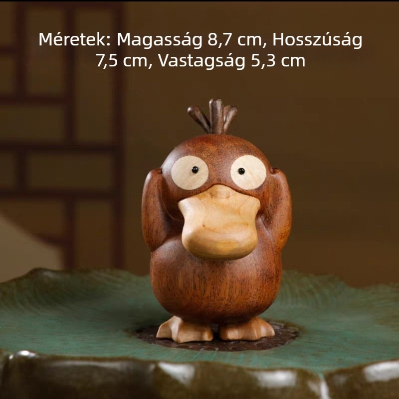 Psyduck asztali dísz, tömör fából, intarziázott ebony és boxwood