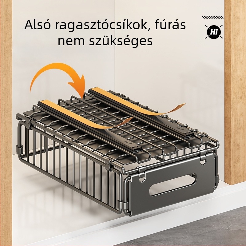 Összecsukható konyhai tárolópolc mosogató alatti, kétszintes kihúzható kosár fűszerekhez, mély szekrényben