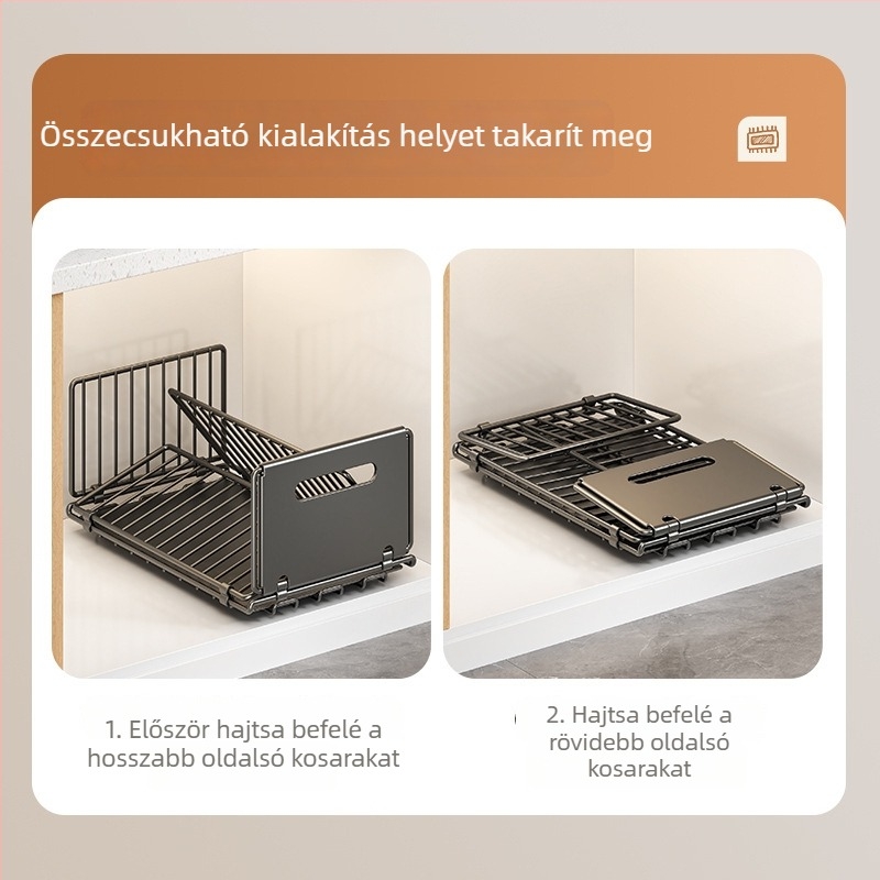 Összecsukható konyhai tárolópolc mosogató alatti, kétszintes kihúzható kosár fűszerekhez, mély szekrényben