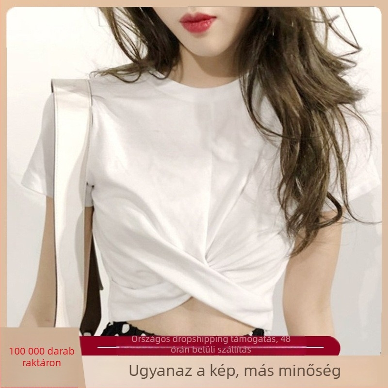 Koreai stílusú jazz-tánc crop top, fehér, rövid ujjú, keresztezett részlettel, ultra-krót szabás, nyár 2024