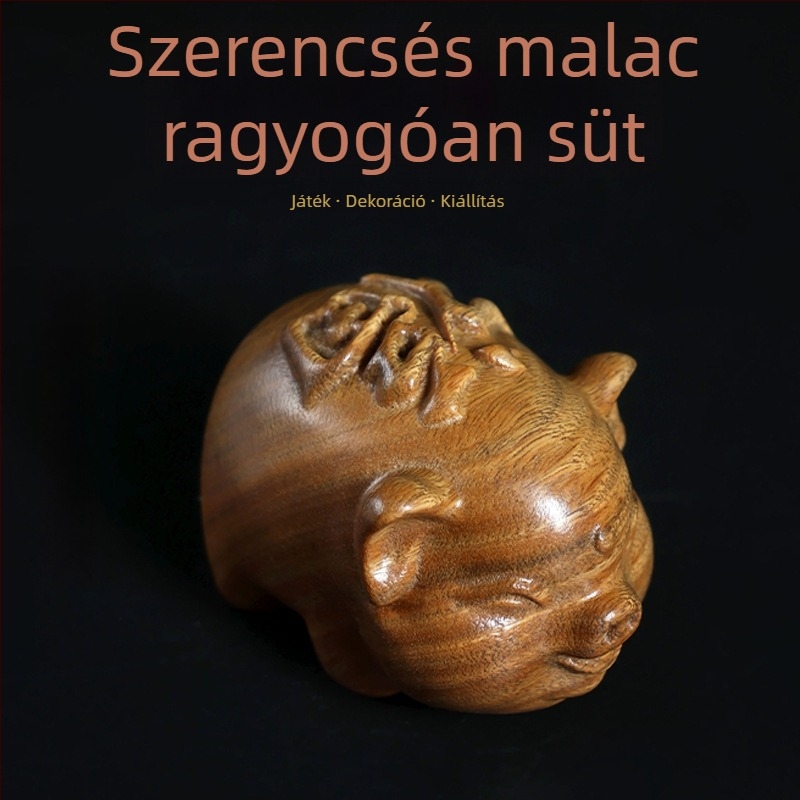 Kézzel faragott, természetes zöld szantálfa disznófigura, fa szobor szerencse szimbólummal