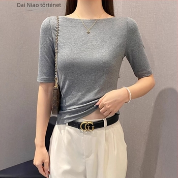 Szürke női egy vállú T‑shirt, 3/4-es ujjú, szűk szabású, tavaszi–őszi alap felső