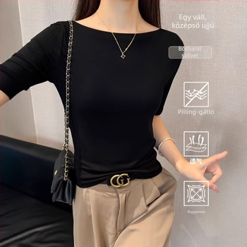 Szürke női egy vállú T‑shirt, 3/4-es ujjú, szűk szabású, tavaszi–őszi alap felső
