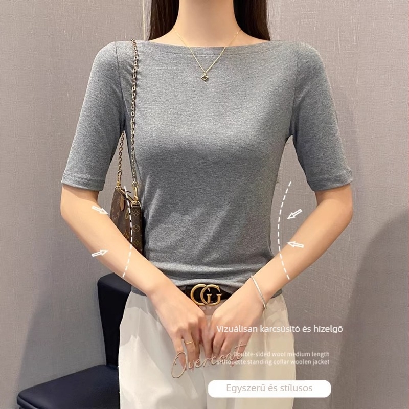 Szürke női egy vállú T‑shirt, 3/4-es ujjú, szűk szabású, tavaszi–őszi alap felső