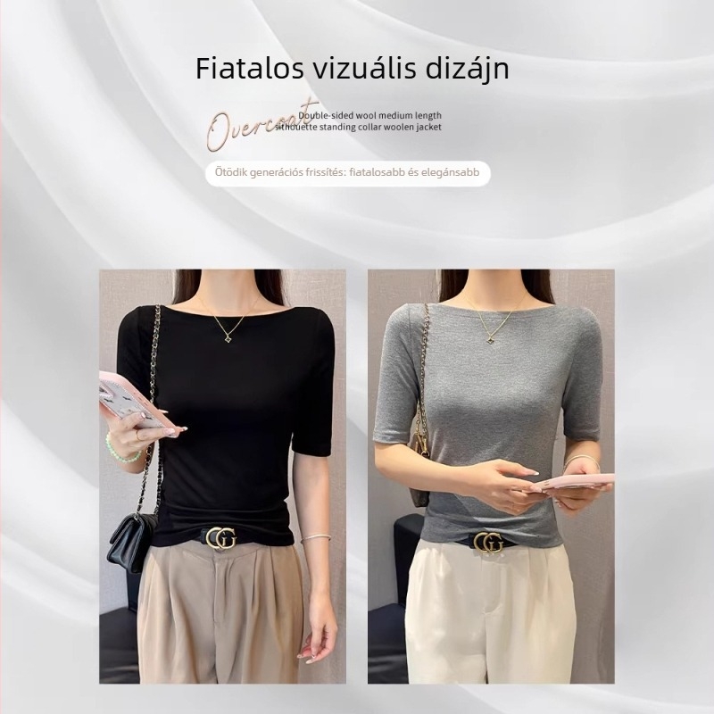 Szürke női egy vállú T‑shirt, 3/4-es ujjú, szűk szabású, tavaszi–őszi alap felső