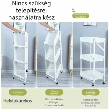 Konyhai tároló kocsi, telepítés nélküli, háromszintű, görgős, összecsukható
