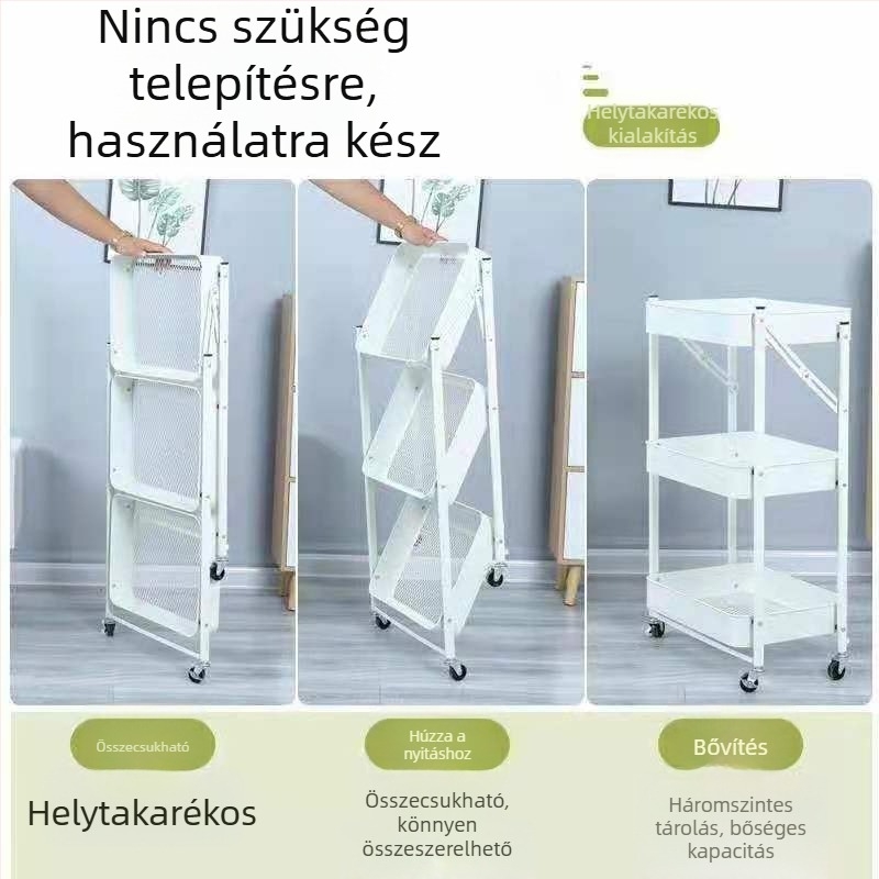 Konyhai tároló kocsi, telepítés nélküli, háromszintű, görgős, összecsukható