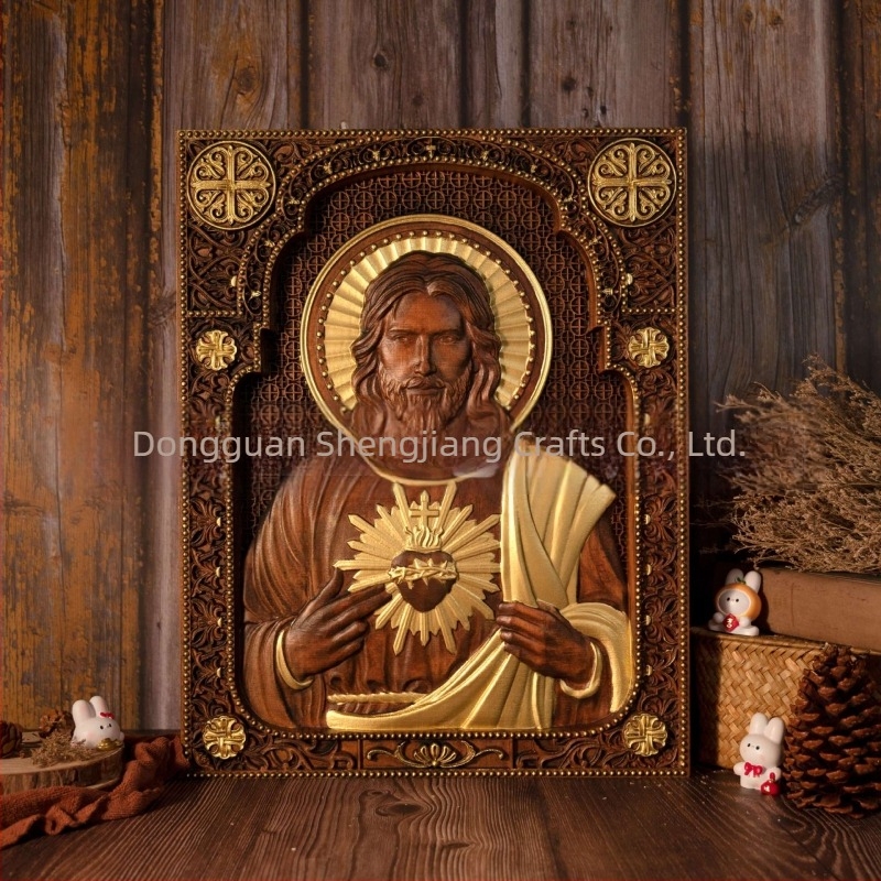 Szent Szív négyzet alakú, kézzel faragott fa dísz – retro otthoni dekoráció