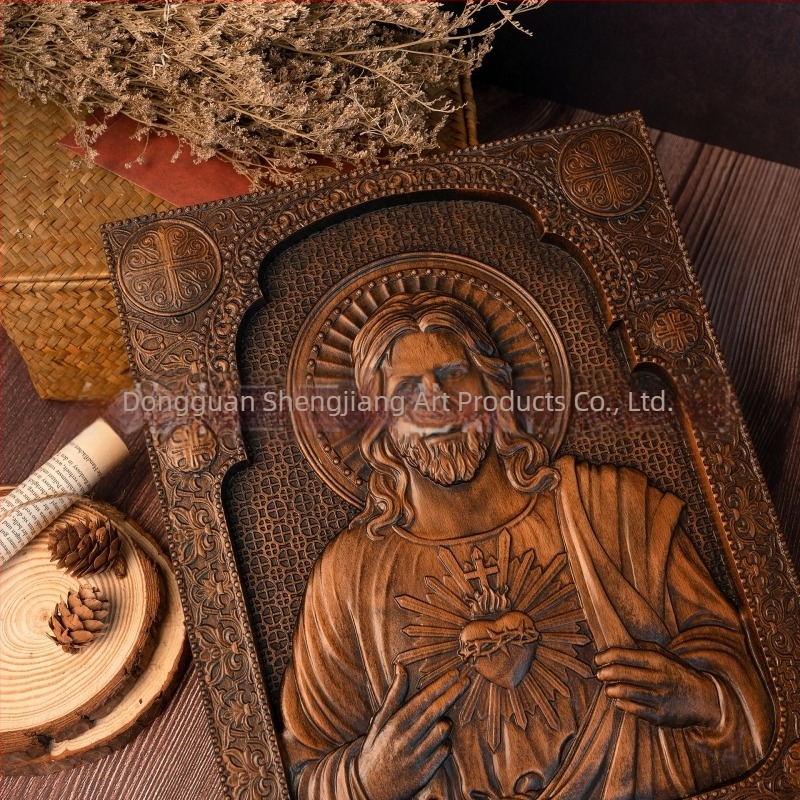 Szent Szív négyzet alakú, kézzel faragott fa dísz – retro otthoni dekoráció