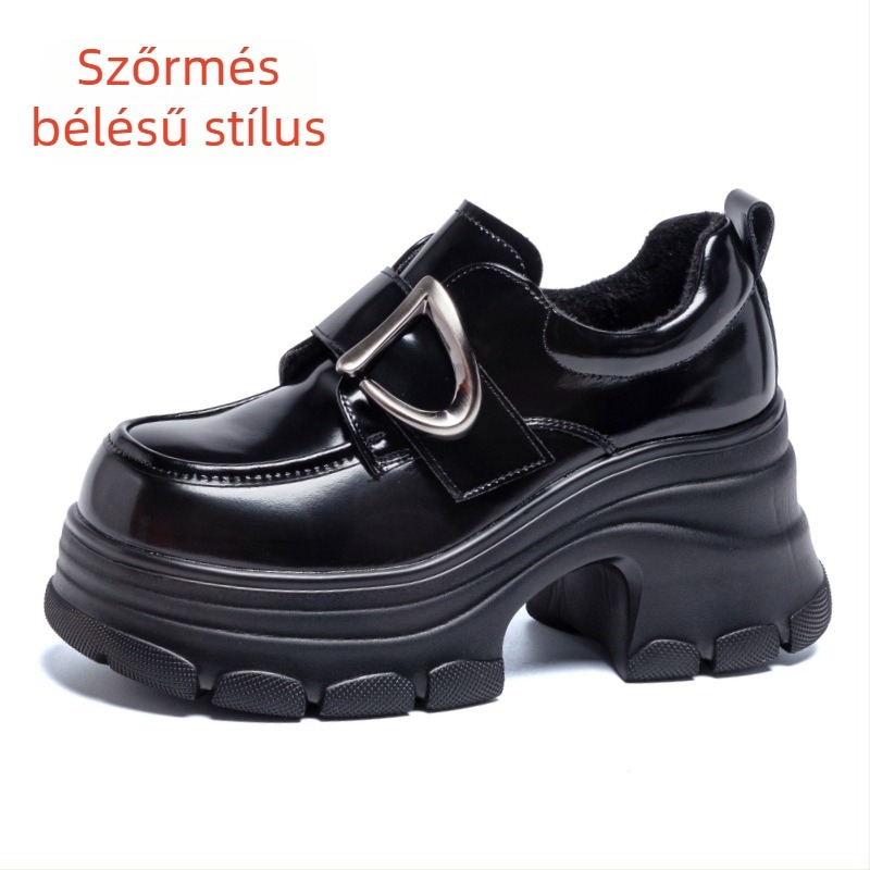 Női vastag talpú loaferek, téli kivitel, fleece bélés, brit stílus, fekete bőr cipő Velcro pánttal és masszív sarkakkal